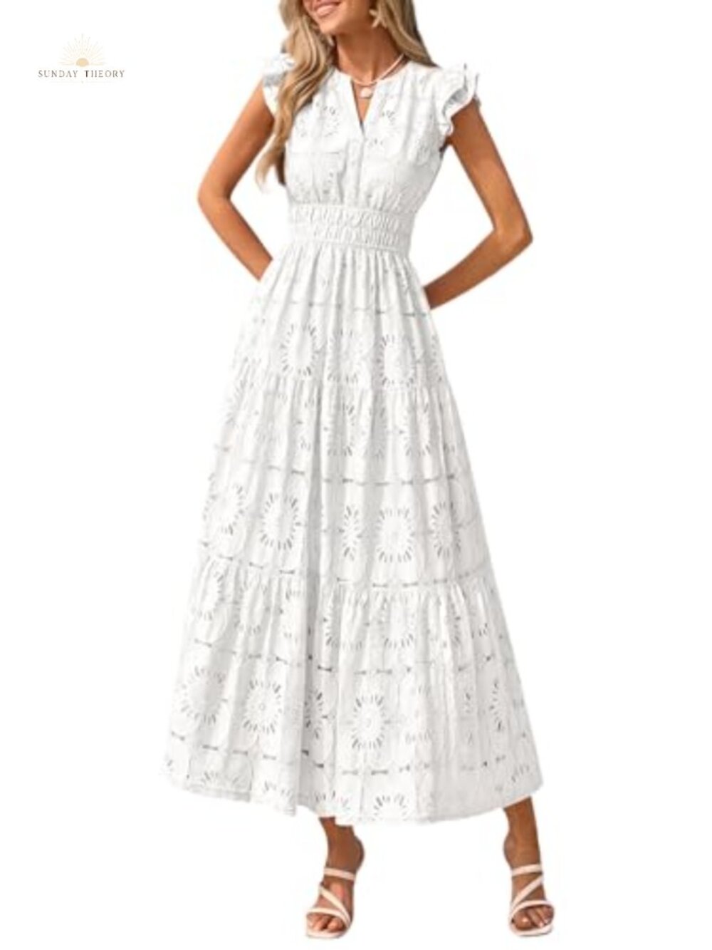 Women's Boho Eyelet Lace Maxi Dress V-Neck Flutter Sleeve Fit & Flare - Picture 1 of 6